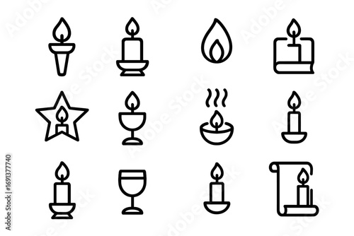 Ceremonial Candle Icons. Outline icon set of ceremonial candles: torch, altar candle, flame, book, star,