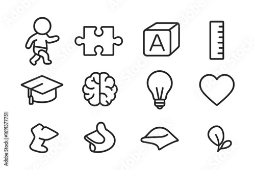 Child Development Icons. Outline icon set of child development milestones: baby steps, puzzle piece, alphabet