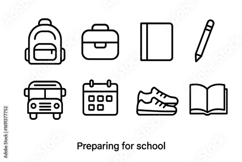 School Essentials Icons. Outline icon set of preparing for school: backpack, lunchbox, notebook, pencil,