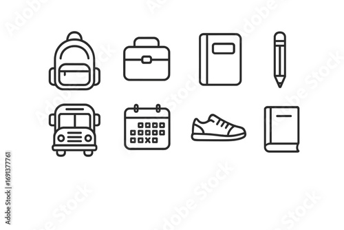 School Essentials Icons. Outline icon set of preparing for school: backpack, lunchbox, notebook, pencil,