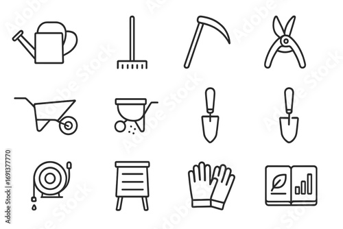 Meadow Tools Icon Set. Outline icon set of Meadow management tools: watering can, rake, scythe, hand pruners, wheelbarrow, seed