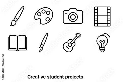 Creative Project Icons. Outline icon set of creative student projects: paintbrush, palette, camera, film strip