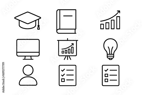 Graduation Icons Set. Outline icon set of final year projects: graduation cap, thesis book, chart, computer,