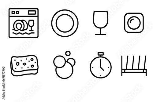 Dishwasher Icon Set. Outline icon set of dishwasher use: dishwasher, plate, glass, detergent pod, sponge,