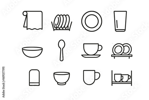 Dish Drying Icon Set. Outline icon set of drying and storing dishes: towel, drying rack, plate, glass, bowl,