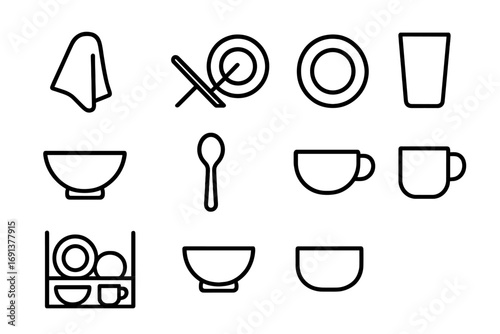 Dish Drying Icon Set. Outline icon set of drying and storing dishes: towel, drying rack, plate, glass, bowl,