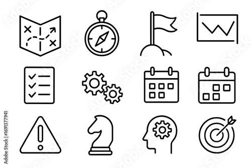 Strategic Planning Icons. Outline icon set of strategic planning in crisis: map, compass, flag, chart,