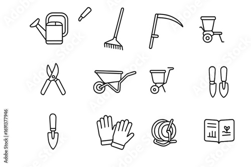 Meadow Tools Icon Set. Outline icon set of Meadow management tools: watering can, rake, scythe, hand pruners, wheelbarrow, seed