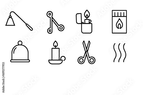 Candle Accessory Icons. Outline icon set of candle accessories: candle snuffer, wick trimmer, lighter,