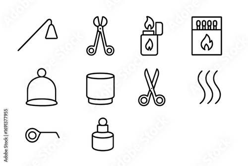 Candle Accessory Icons. Outline icon set of candle accessories: candle snuffer, wick trimmer, lighter,