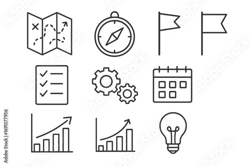 Strategic Planning Icons. Outline icon set of strategic planning in crisis: map, compass, flag, chart,