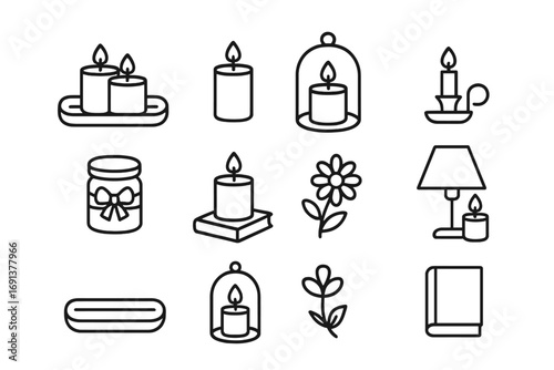 Scented Candle Icons. Outline icon set of scented candle display: tray, multiple jars, glass dome, holder,