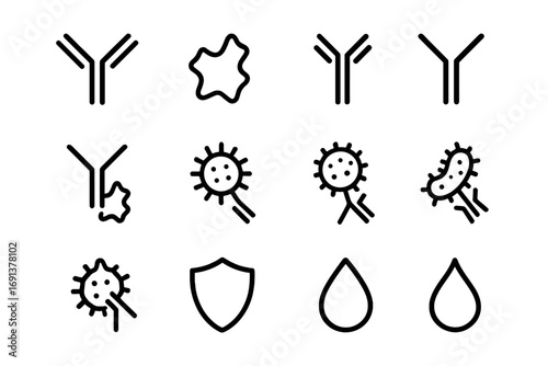 Antibody Icon Set. Outline icon set of antibodies in action: antibody, antigen, Y-shaped molecule, virus,
