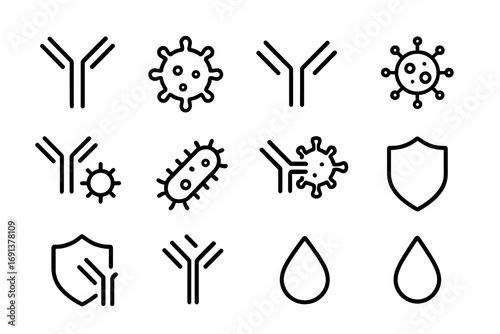 Antibody Icon Set. Outline icon set of antibodies in action: antibody, antigen, Y-shaped molecule, virus,