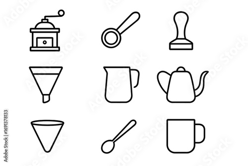 Coffee Tools Icons. Outline icon set of coffee accessories: grinder, scoop, spoon, tamper, filter, milk