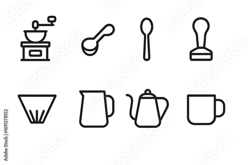 Coffee Tools Icons. Outline icon set of coffee accessories: grinder, scoop, spoon, tamper, filter, milk