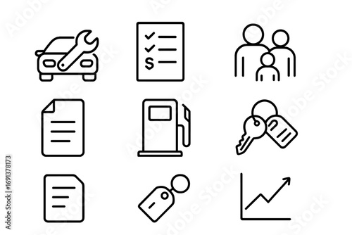 Post-Purchase Icons Grid. Outline icon set of post-purchase responsibilities: car maintenance, checklist,