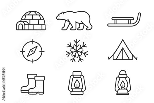 Arctic Icons Grid. Outline icon set of arctic expeditions: igloo, polar bear, sled, compass, snowflake, tent,