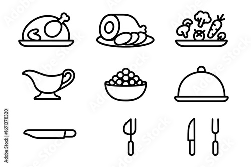 Festive Serving Icons. Outline icon set of festive serving platters: turkey, ham slices, vegetables, gravy