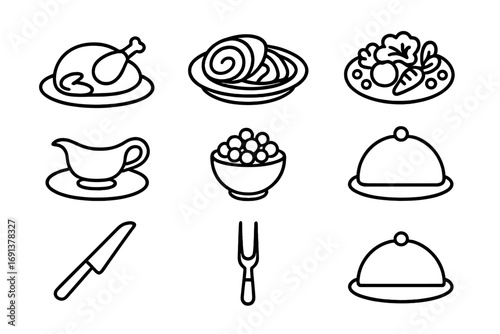 Festive Serving Icons. Outline icon set of festive serving platters: turkey, ham slices, vegetables, gravy
