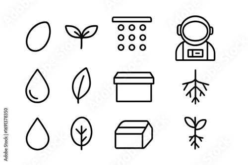 Plant Growth Icons. Outline icon set of plant growth experiments: seed, sprout, light panel, astronaut,