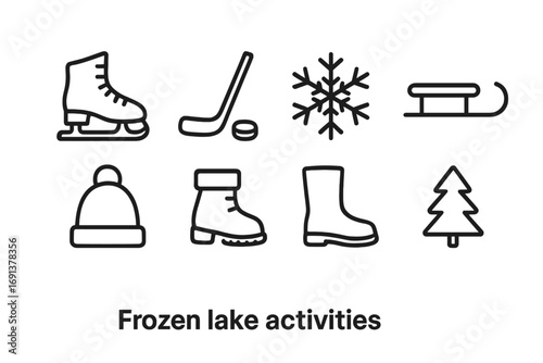 Frozen Lake Icons. Outline icon set of frozen lake activities: ice skates, hockey stick, puck, snowflake, sled