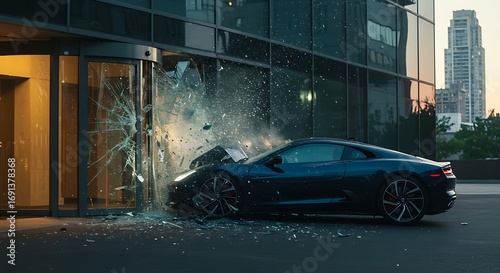 Luxurious car crashes through glass building entrance shattering glass in dramatic scene