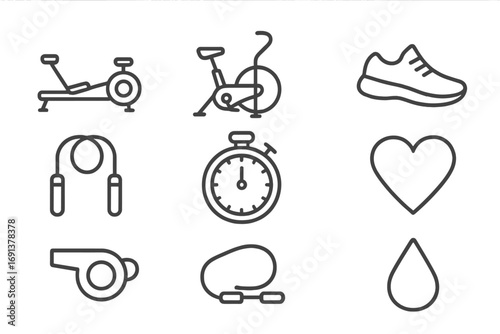 Cardio Icons Grid. Outline icon set of cardio in Crossfit: rowing machine, air bike, running shoe, jump rope,