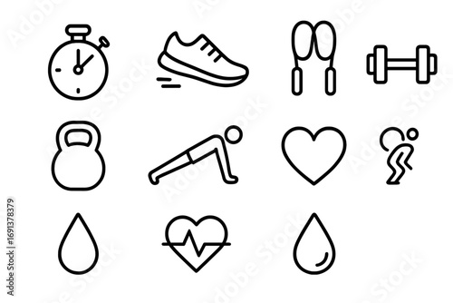 HIIT Icon Set. Outline icon set of HIIT training: stopwatch, running shoe, jump rope, dumbbell, kettlebell,