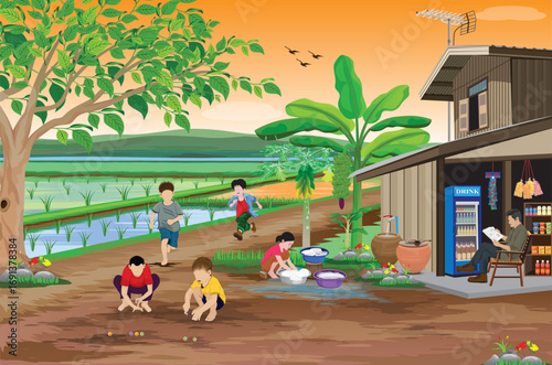 Children are playing marbles in front of a small shop at the countryside.