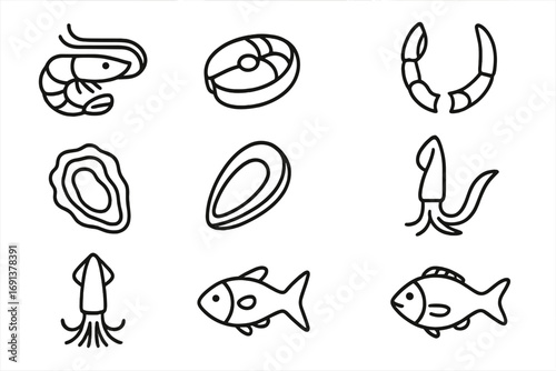 Seafood Icon Set. Outline icon set of seafood specialties: shrimp, tuna slice, salmon fillet, oyster, mussel,