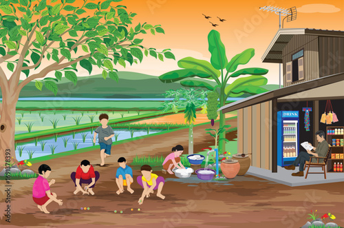 Children are playing marbles in front of a small shop in the countryside.