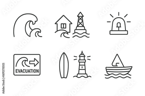 Tsunami Safety Icons. Outline icon set of tsunamis: giant wave, coastal house, buoy, warning siren, evacuation