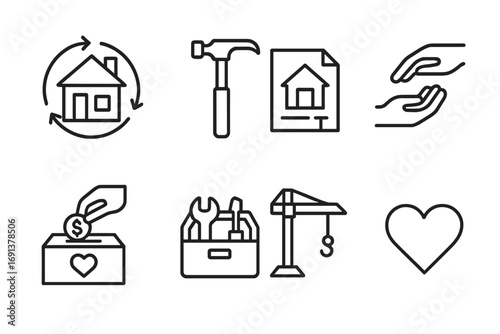 Disaster Recovery Icons. Outline icon set of disaster recovery: rebuilt house, hammer, blueprint, helping hand
