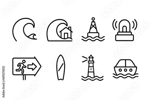 Tsunami Safety Icons. Outline icon set of tsunamis: giant wave, coastal house, buoy, warning siren, evacuation