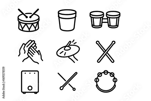 Street Percussion Icons. Outline icon set of street percussionists: drum, bucket drum, bongos, hand clap,