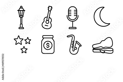 Night Music Icons. Outline icon set of night street music: street lamp, guitar, microphone, moon, stars, tip