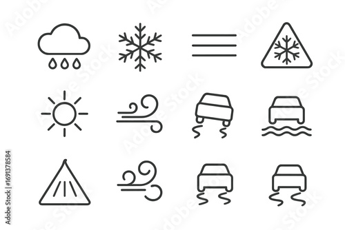 Weather Impact Icons. Outline icon set of weather impact on roads: rain cloud, snowflake, fog, icy road sign,