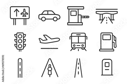 Airport Road Icons. Outline icon set of road to the airport: highway sign, car, toll booth, overpass, traffic