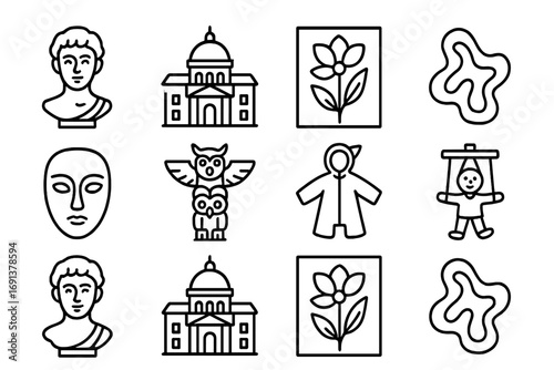 Advanced Paper Mache Icons. Outline icon set of advanced paper mache art: detailed bust, architectural model,