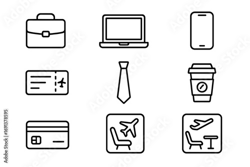 Business Travel Icons. Outline icon set of business travel to the airport: briefcase, laptop, smartphone,