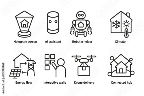 Smart Home Icons. Outline icon set of future smart homes: hologram screen, AI assistant, robotic helper,