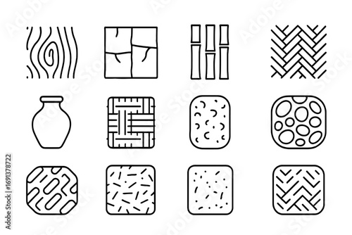 Natural Texture Icons. Outline icon set of natural textures: wood grain, stone tile, bamboo stalk, rattan