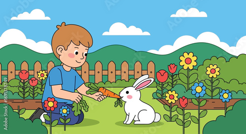 A young boy kindly feeding a carrot to a white rabbit.