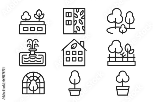 Urban Biophilic Icons. Outline icon set of urban biophilic projects: rooftop garden, green wall, city park,
