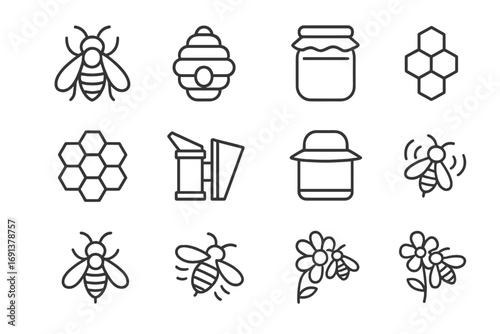 Bee Activity Icons. Outline icon set of bee activity: honeybee, hive, honey jar, comb, bee smoker, beekeeper