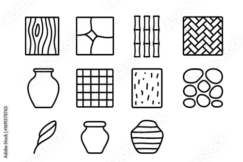 Natural Texture Icons. Outline icon set of natural textures: wood grain, stone tile, bamboo stalk, rattan