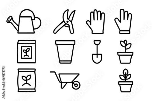 Garden Care Icon Set. Outline icon set of garden care: watering can, pruners, gloves, seed packet, plant pot,