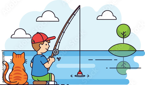 A young boy and his ginger cat fishing together by the water.