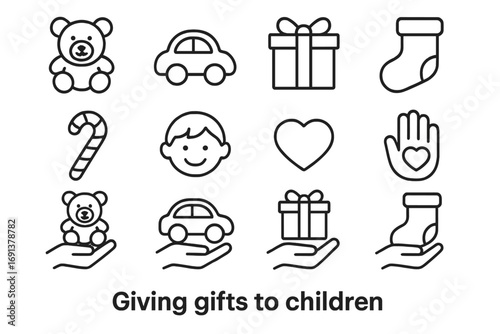 Gift Giving Icons. Outline icon set of giving gifts to children: teddy bear, toy car, wrapped gift, holiday